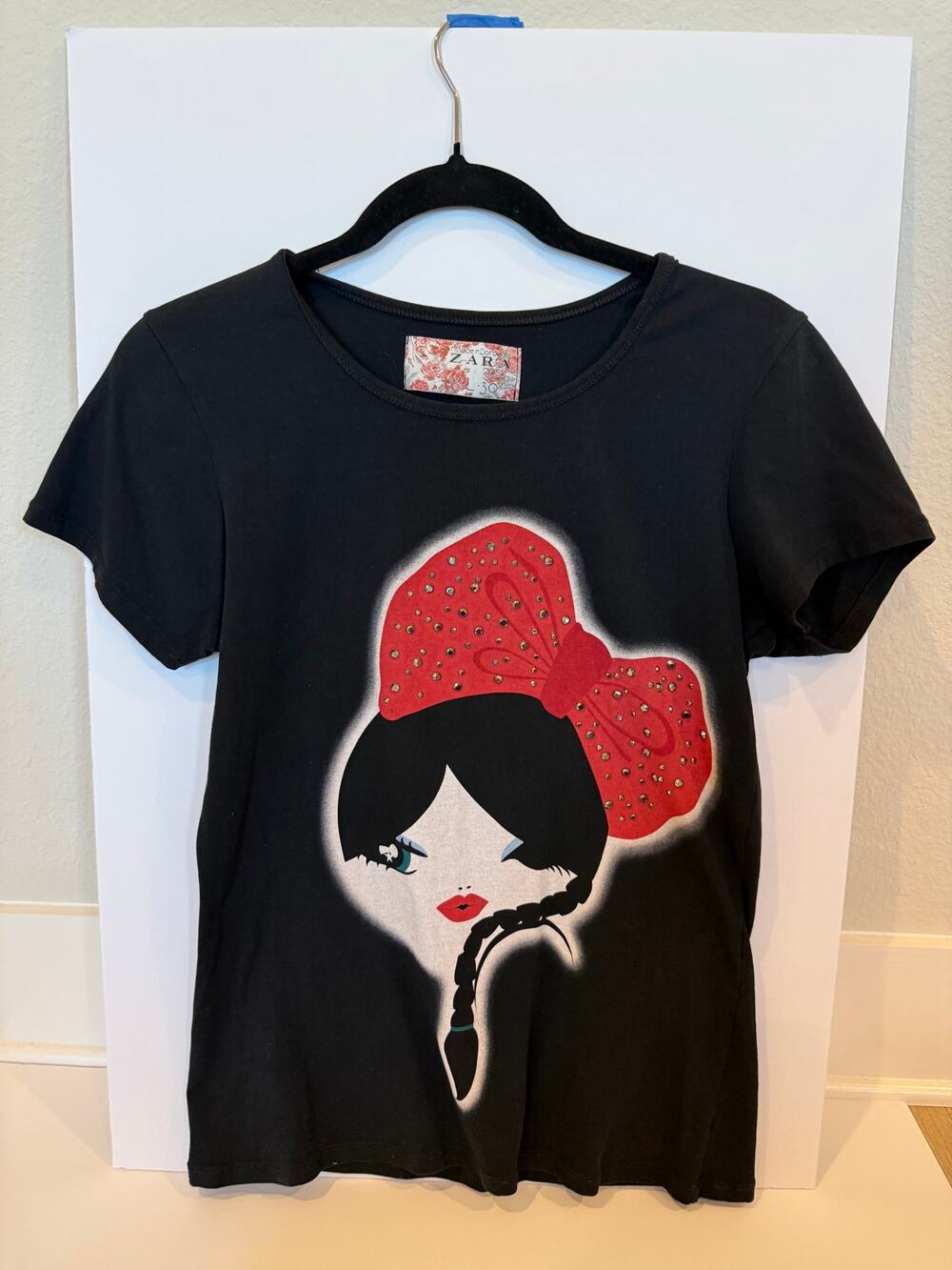 Y2K Zara Basic Large Black Rhinestone Girl Graphic Tee Red Bow Made Portugal